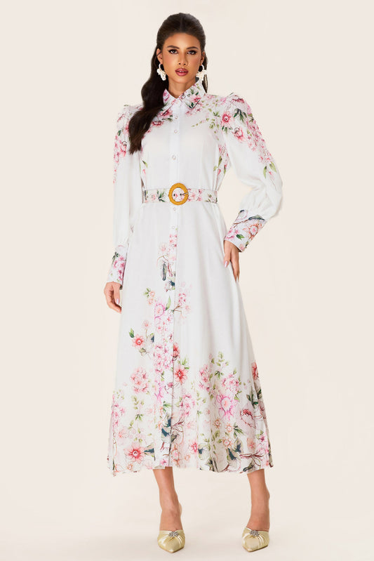 Lantern Sleeve Midi Dress With Belt