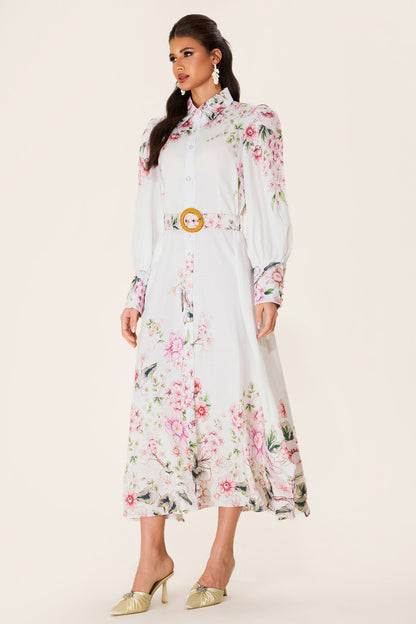 Lantern Sleeve Midi Dress With Belt