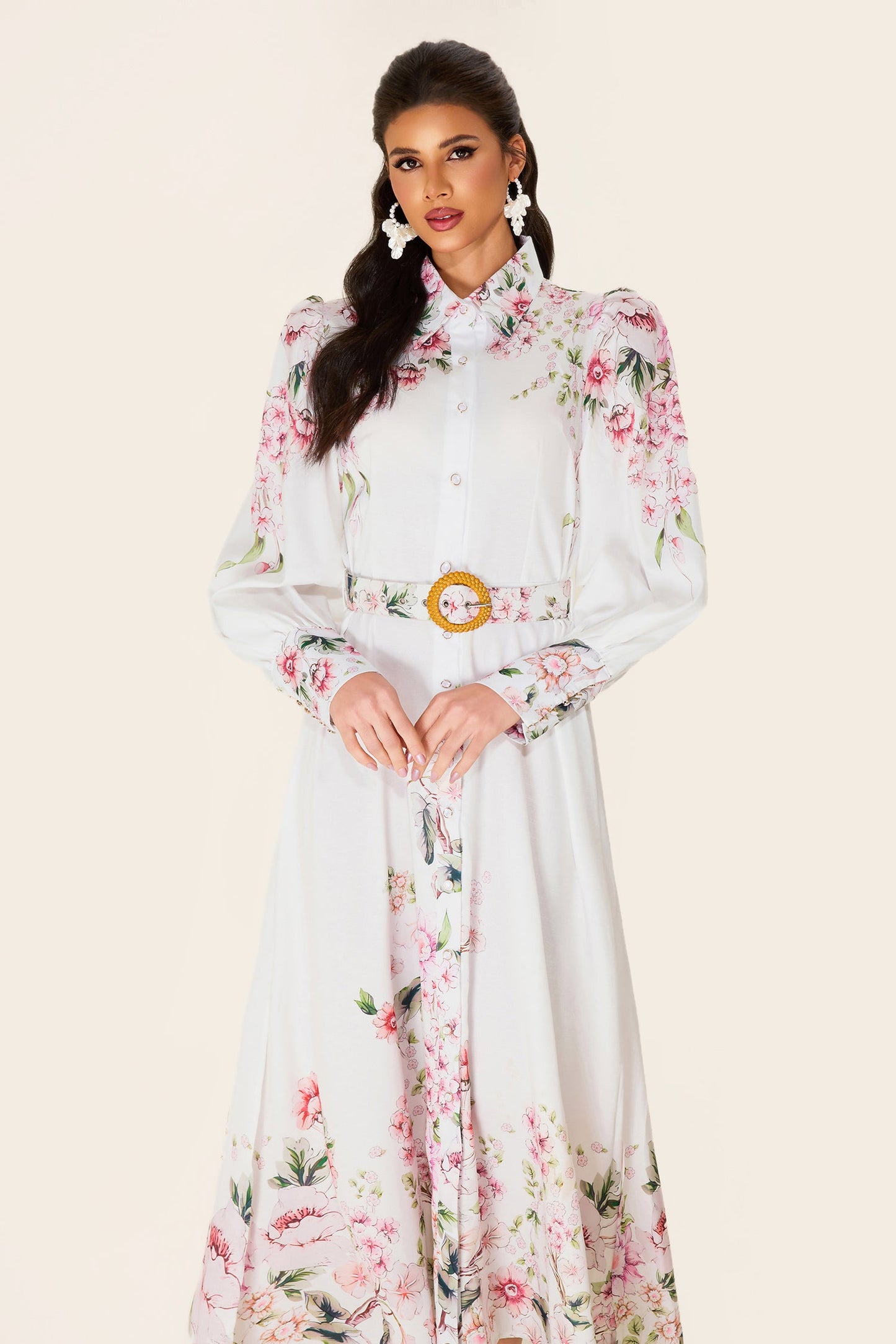 Lantern Sleeve Midi Dress With Belt