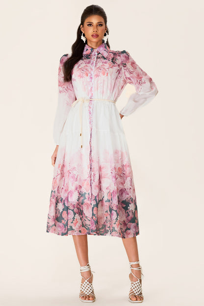 Shirt Collar Long Sleeve Midi Dress