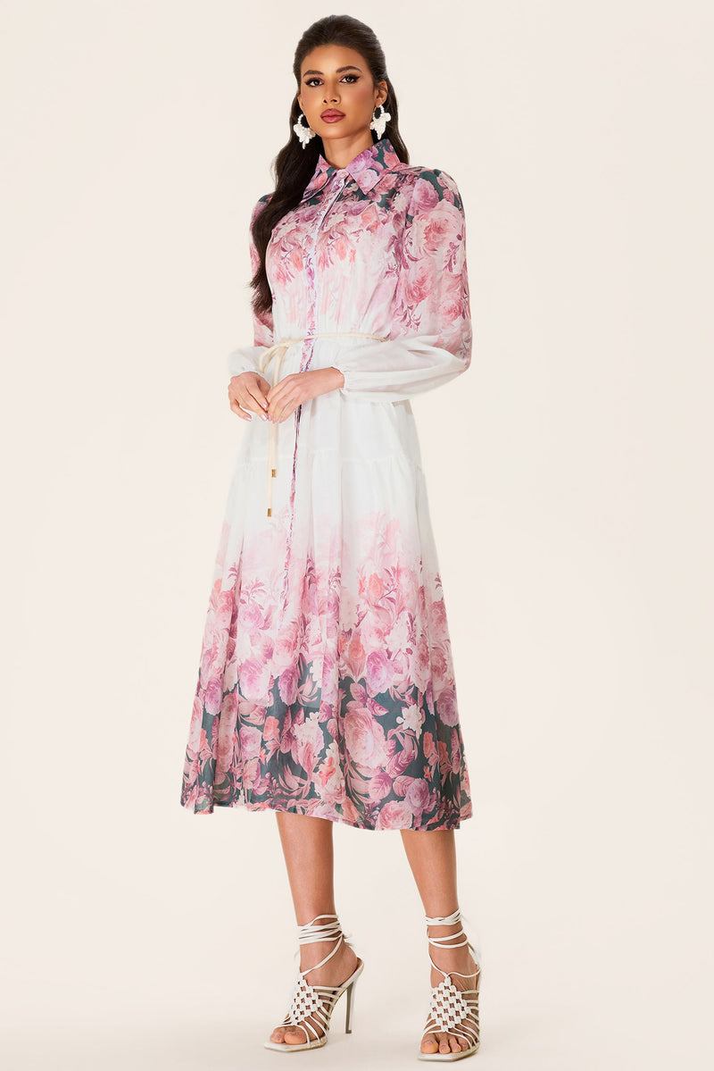 Shirt Collar Long Sleeve Midi Dress
