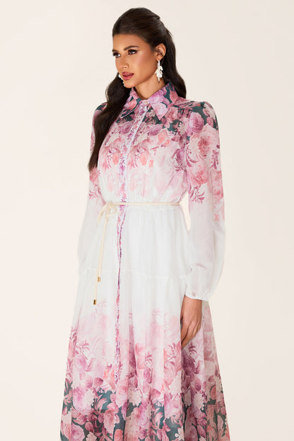 Shirt Collar Long Sleeve Midi Dress