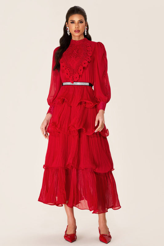 Embroidered Ruffle Stand Collar Maxi Dress