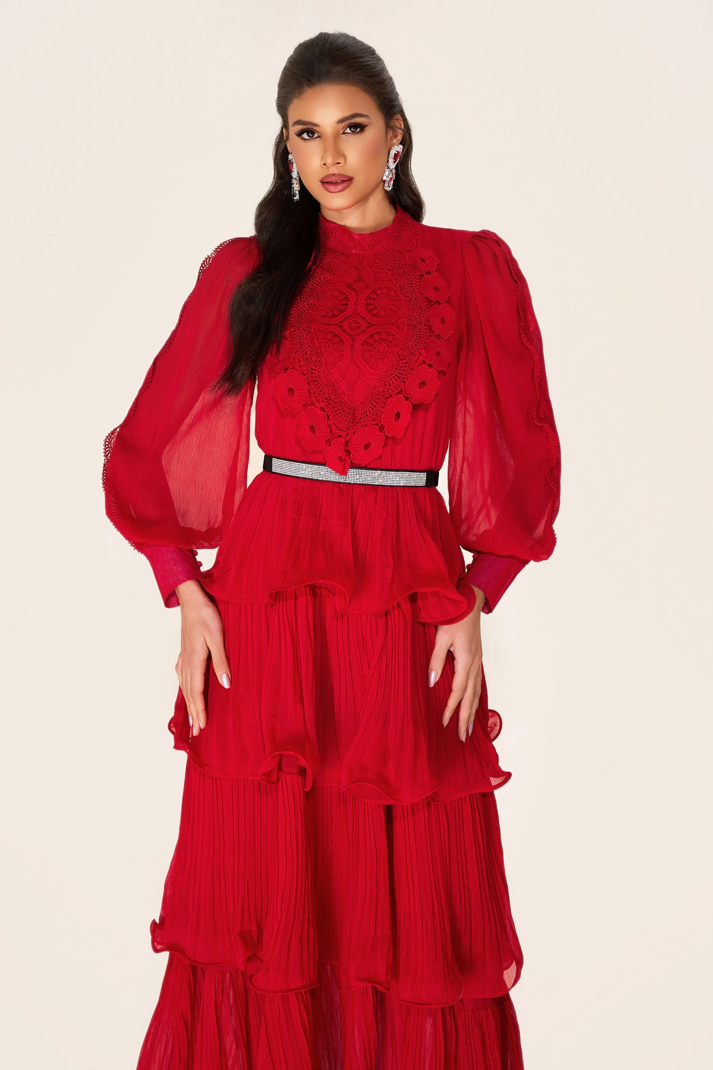 Embroidered Ruffle Stand Collar Maxi Dress