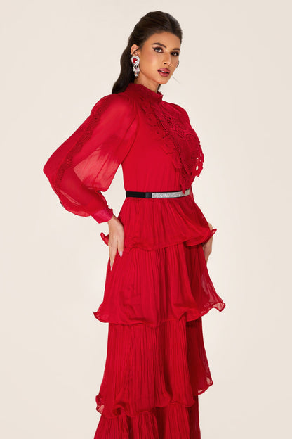Embroidered Ruffle Stand Collar Maxi Dress