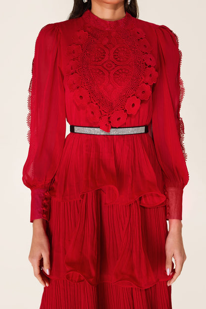 Embroidered Ruffle Stand Collar Maxi Dress