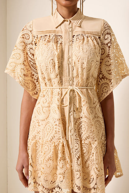 Lace Shirt Collar Mini Dress
