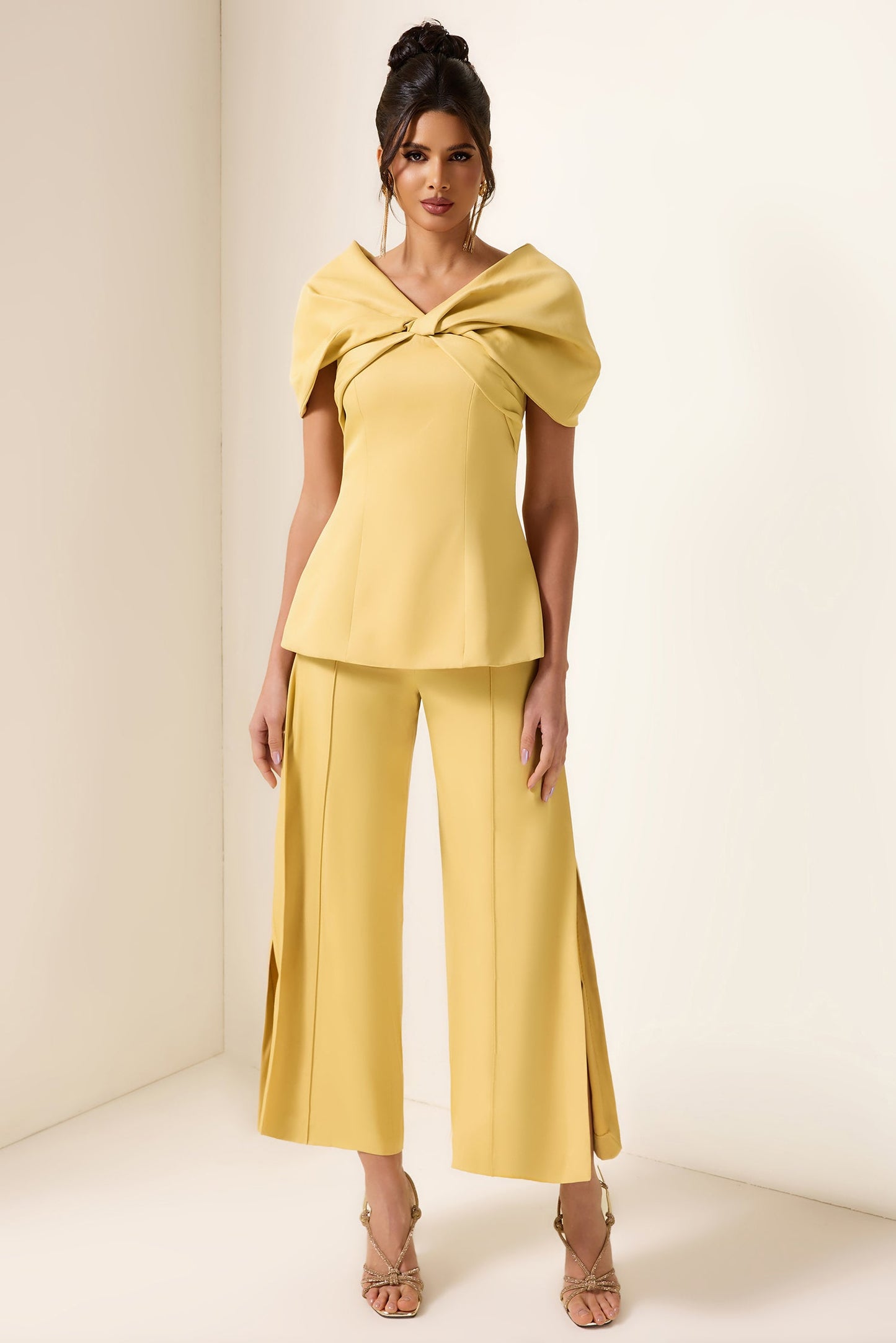 Knotted V-neck Top & High Waist Loose Pants
