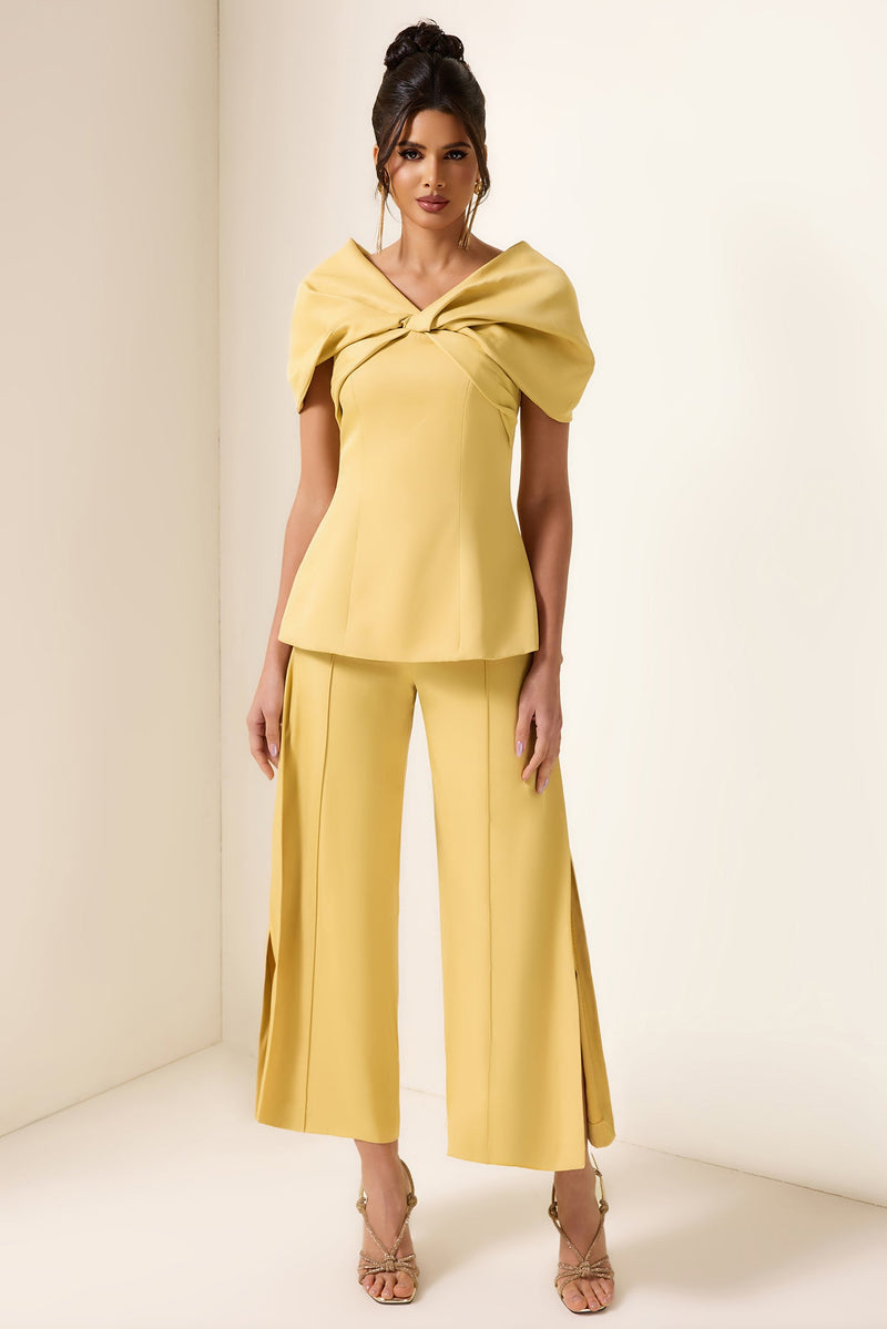 Knotted V-neck Top & High Waist Loose Pants