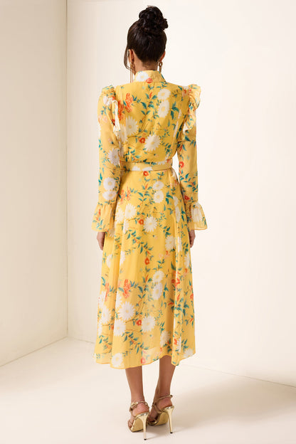 Frill Butterfly Sleeve Midi Dress With Belt