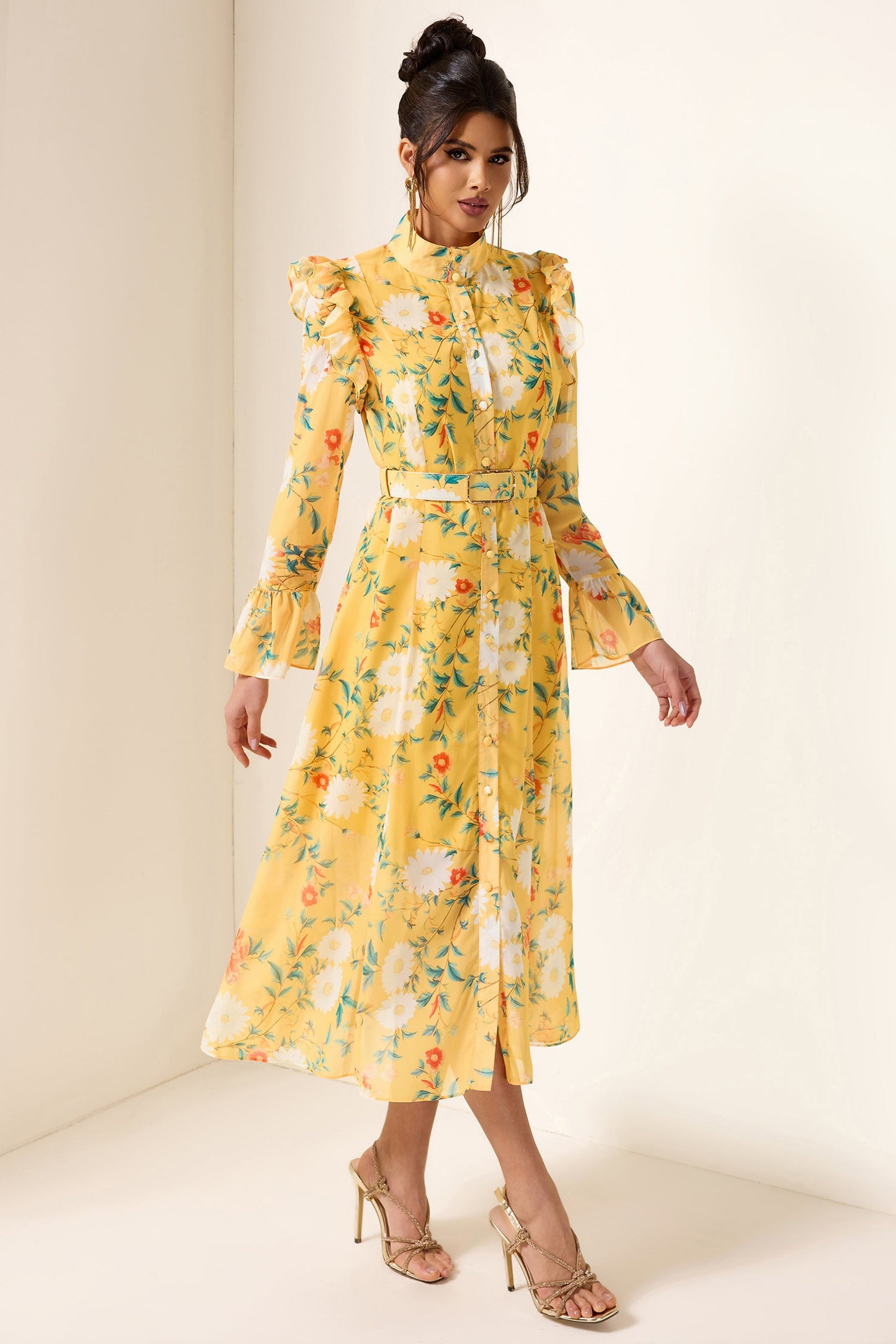 Frill Butterfly Sleeve Midi Dress With Belt