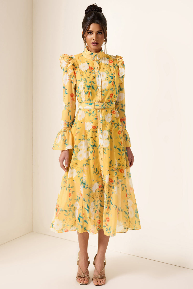 Frill Butterfly Sleeve Midi Dress With Belt