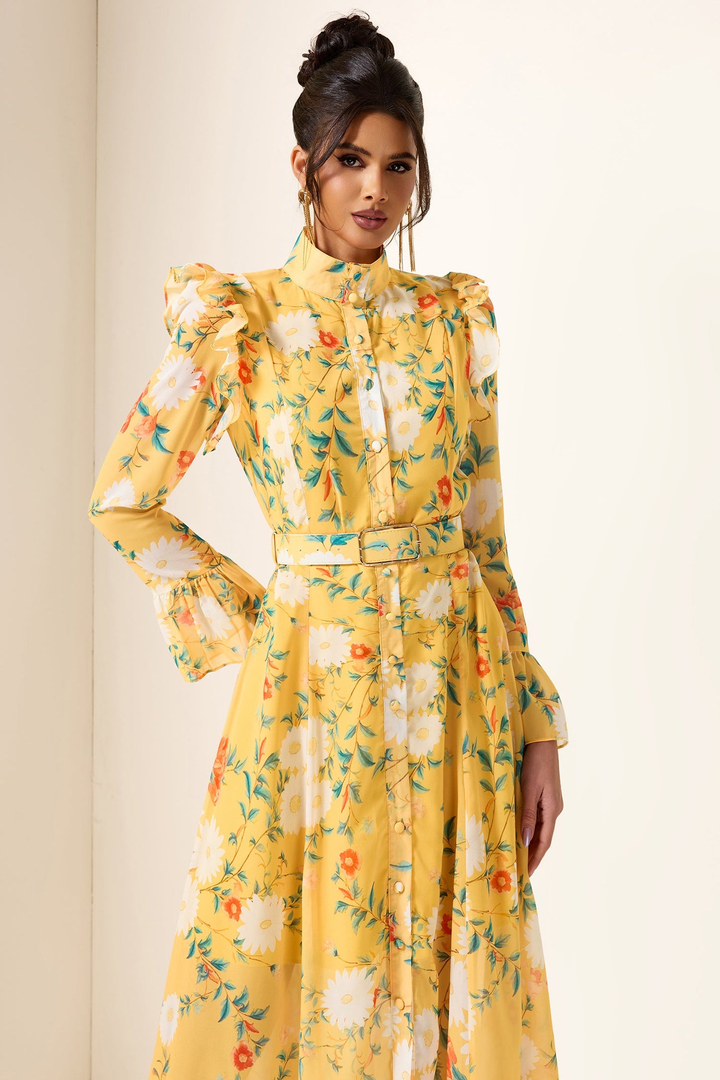 Frill Butterfly Sleeve Midi Dress With Belt
