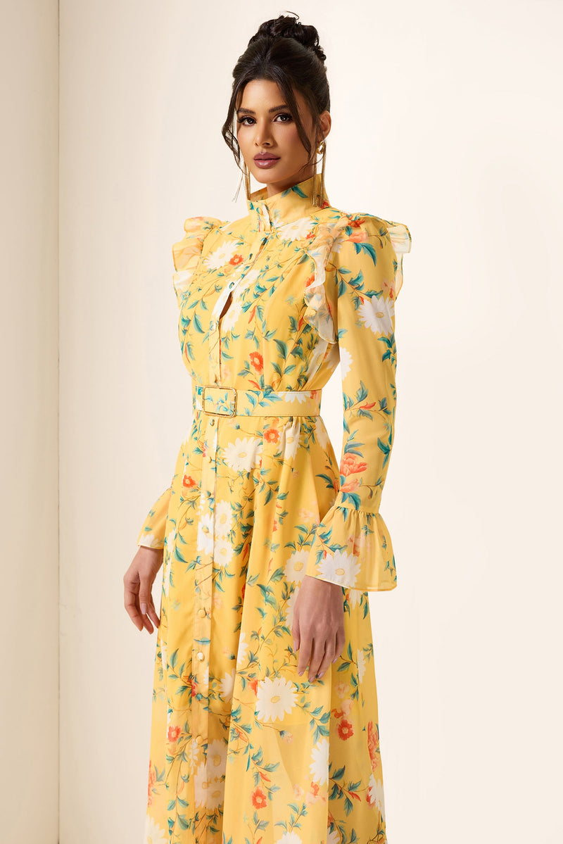 Frill Butterfly Sleeve Midi Dress With Belt