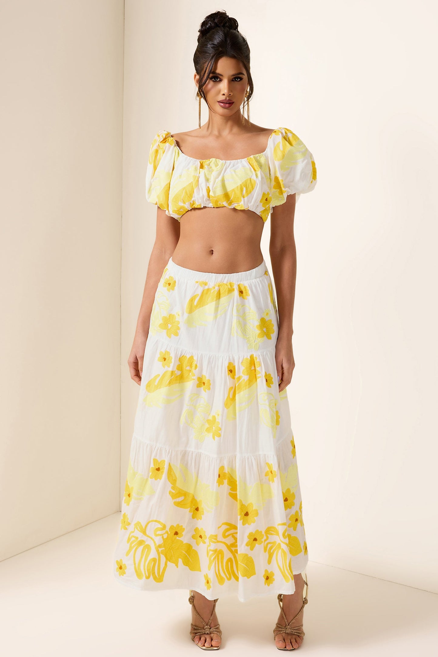 Embroidery Off-shoulder Top & High Waist Midi Dress Set