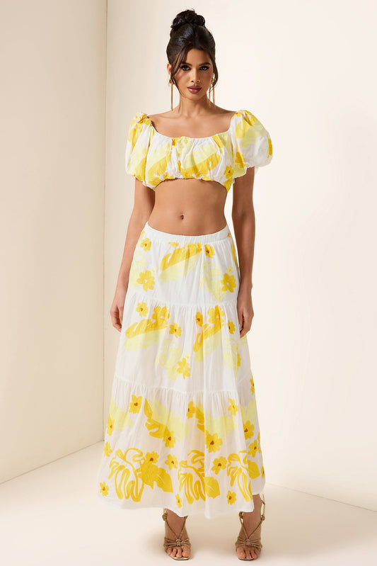 Embroidery Off-shoulder Top & High Waist Midi Dress Set