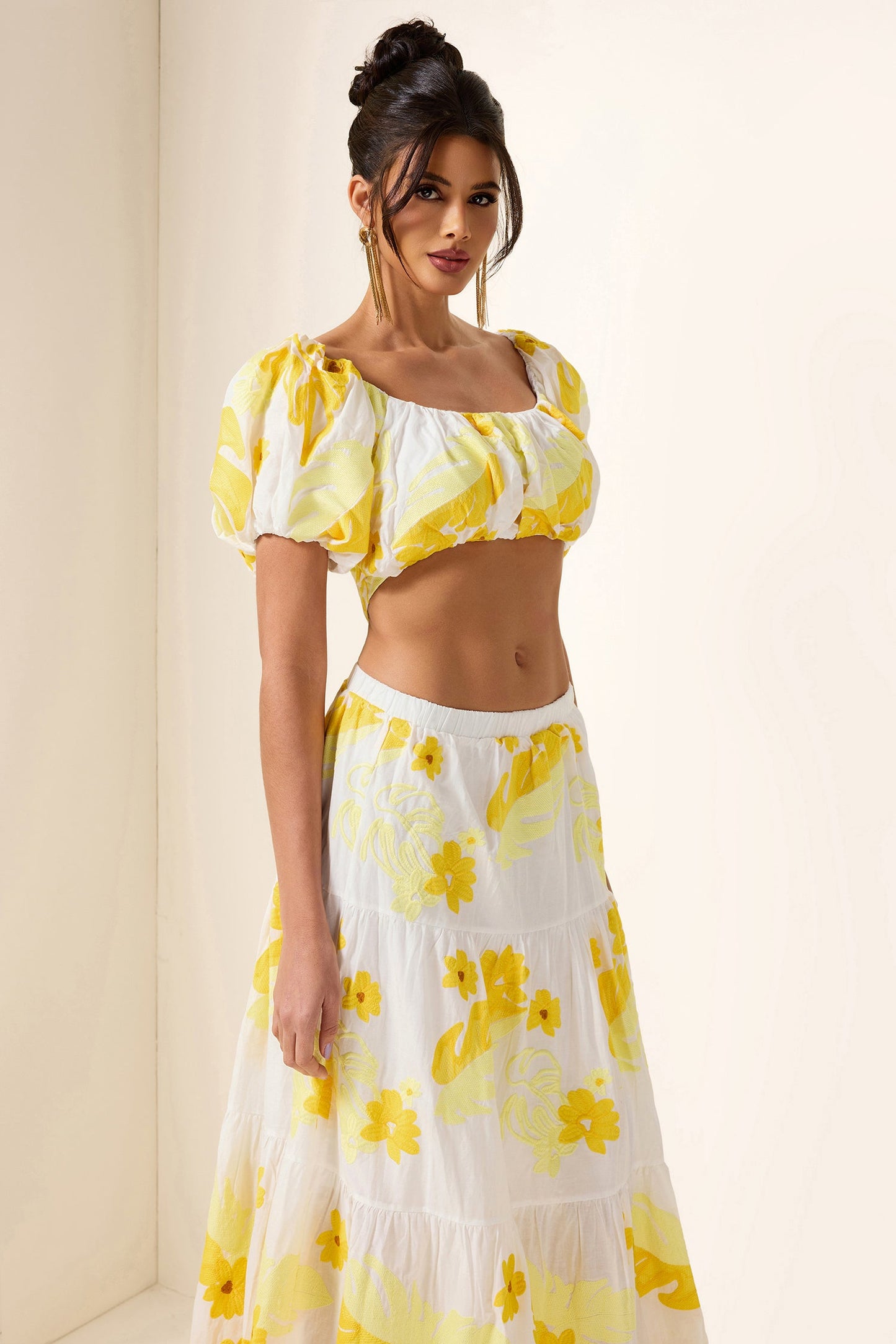 Embroidery Off-shoulder Top & High Waist Midi Dress Set