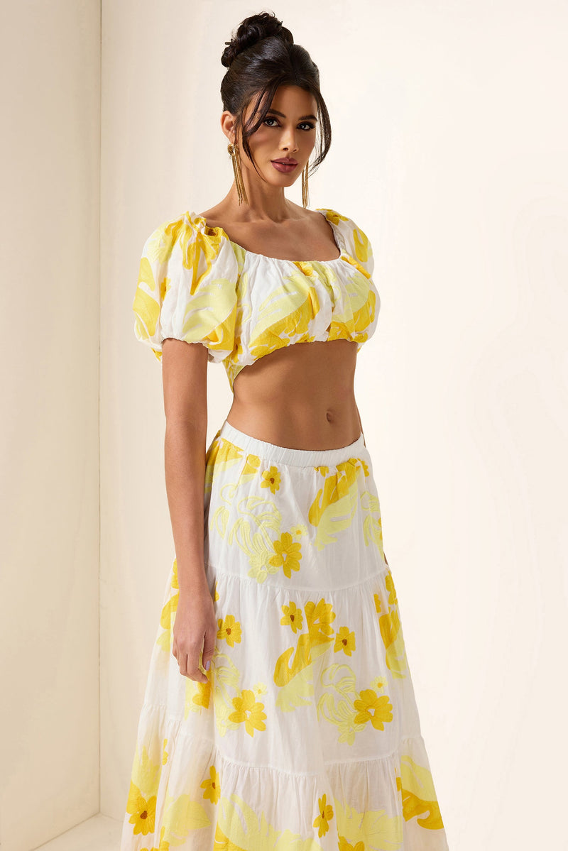 Embroidery Off-shoulder Top & High Waist Midi Dress Set