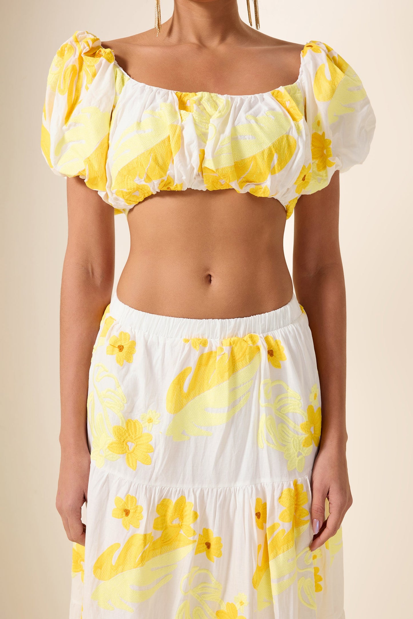 Embroidery Off-shoulder Top & High Waist Midi Dress Set
