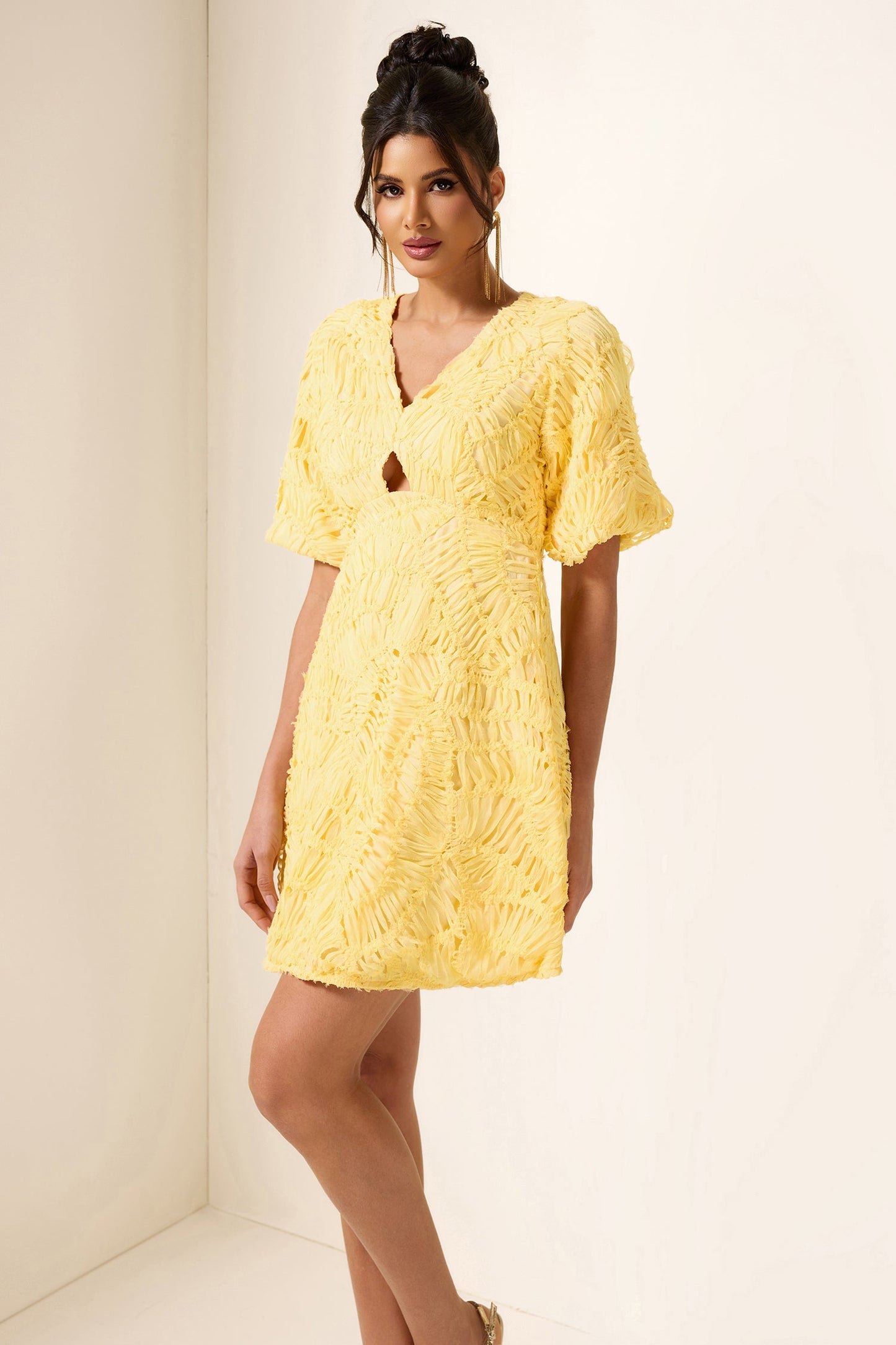 Cut-out V-neck Puff Sleeve Mini Dress
