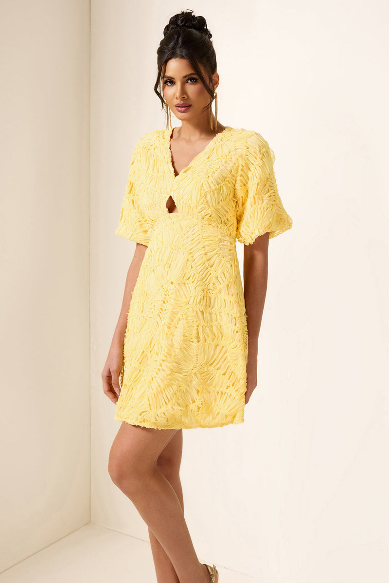 Cut-out V-neck Puff Sleeve Mini Dress