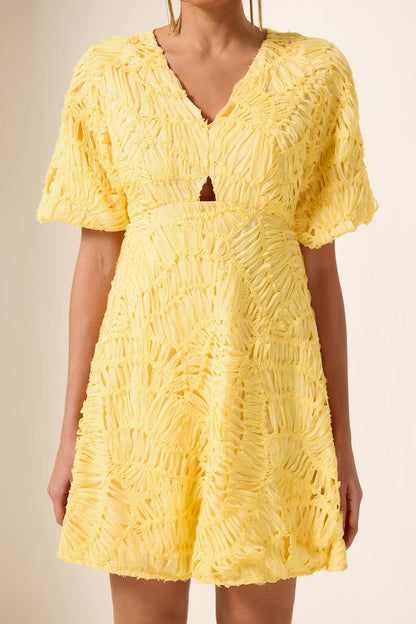 Cut-out V-neck Puff Sleeve Mini Dress