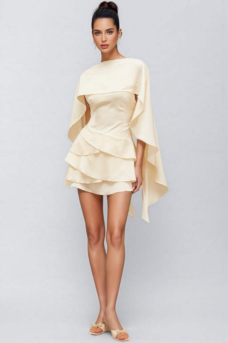 Lyssty White Shawl Panel Ruffled Satin Mini Dress