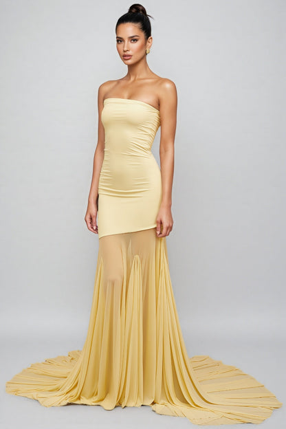 Elwyt Yellow Off Shoulder Sheer Tulle Maxi Dress