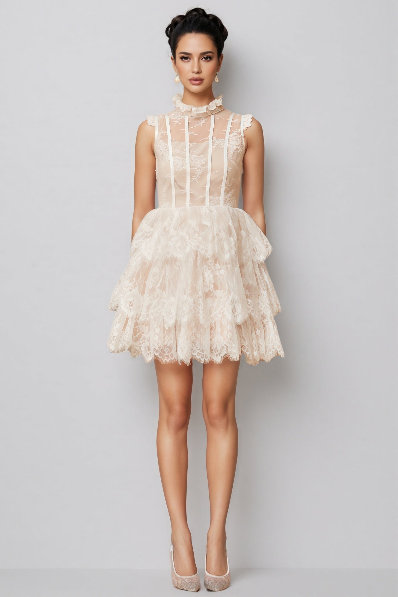 Yamaly White Lace Tiered Mini Dress