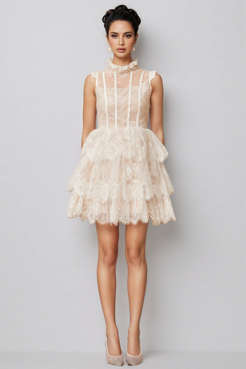 Yamaly White Lace Tiered Mini Dress