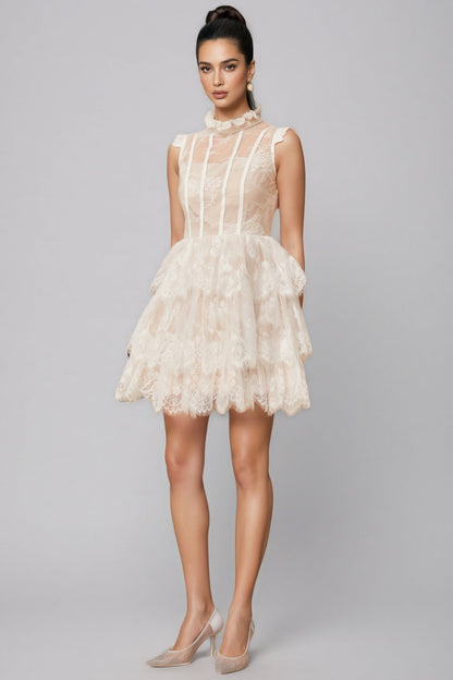 Yamaly White Lace Tiered Mini Dress