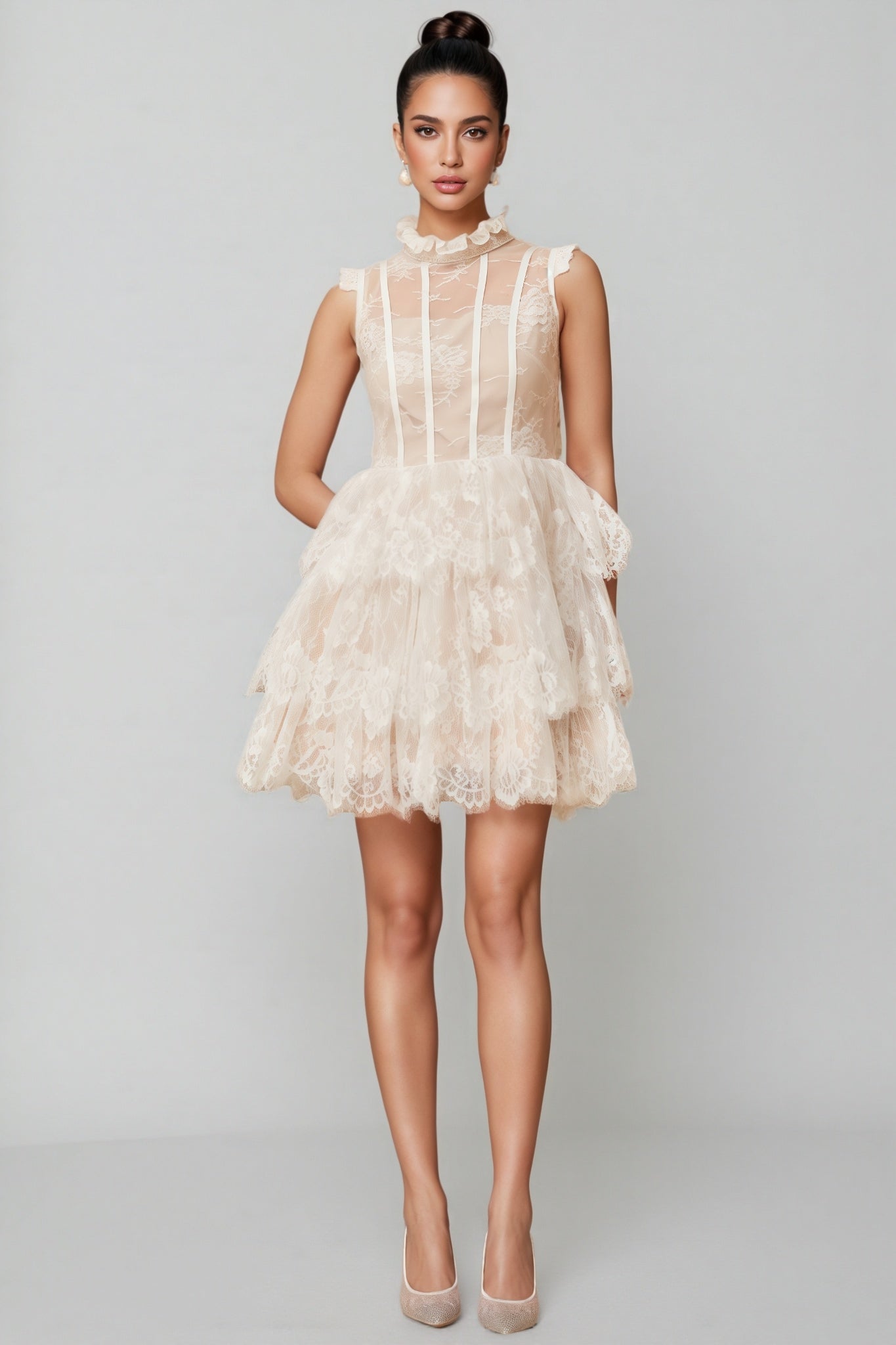 Yamaly White Lace Tiered Mini Dress