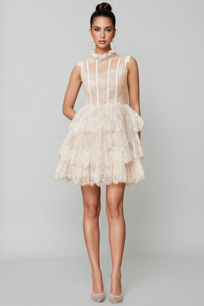 Yamaly White Lace Tiered Mini Dress