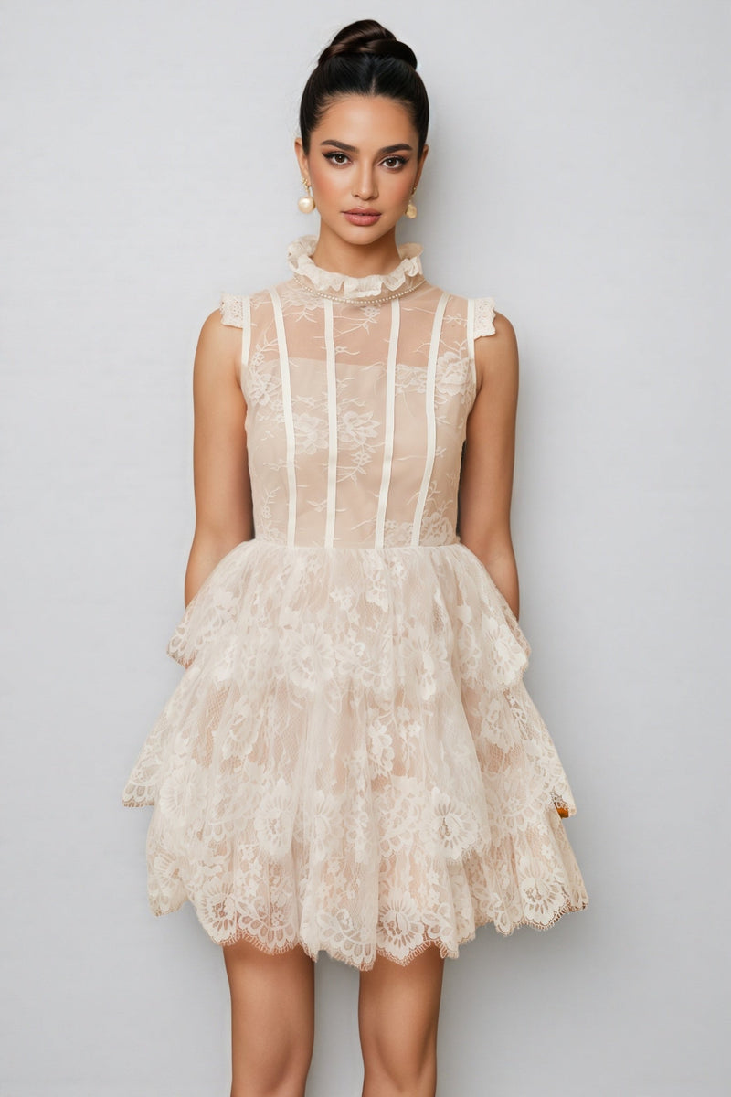 Yamaly White Lace Tiered Mini Dress