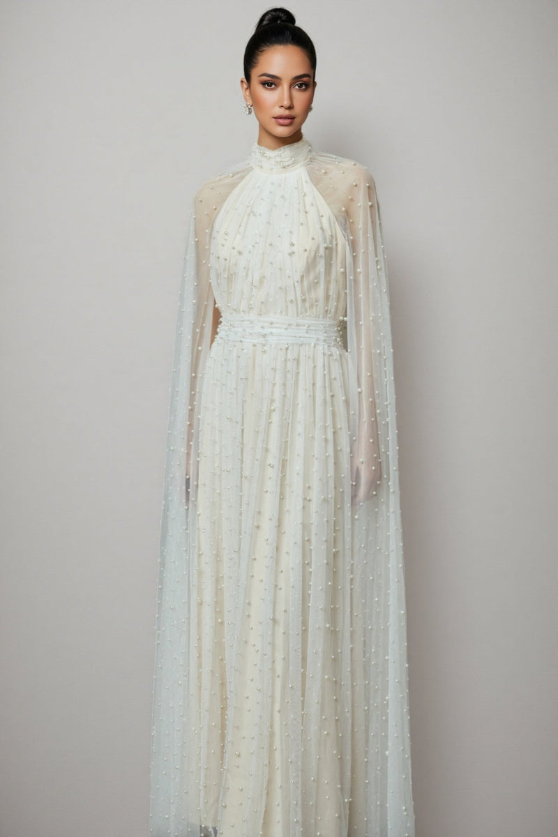 Xyvia Pearl Stand-up Collar Cap Sleeve Maxi Dress