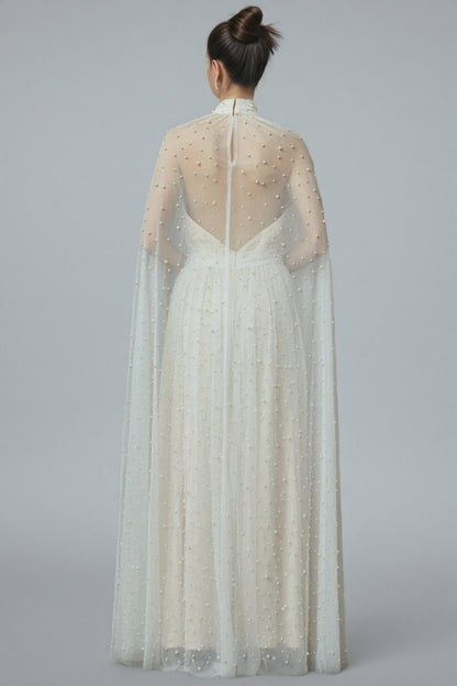 Xyvia Pearl Stand-up Collar Cap Sleeve Maxi Dress