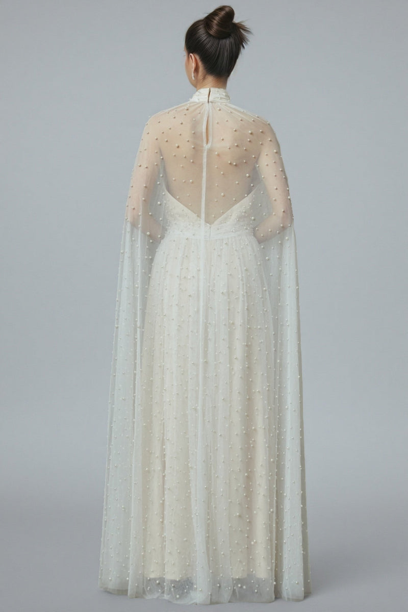 Xyvia Pearl Stand-up Collar Cap Sleeve Maxi Dress