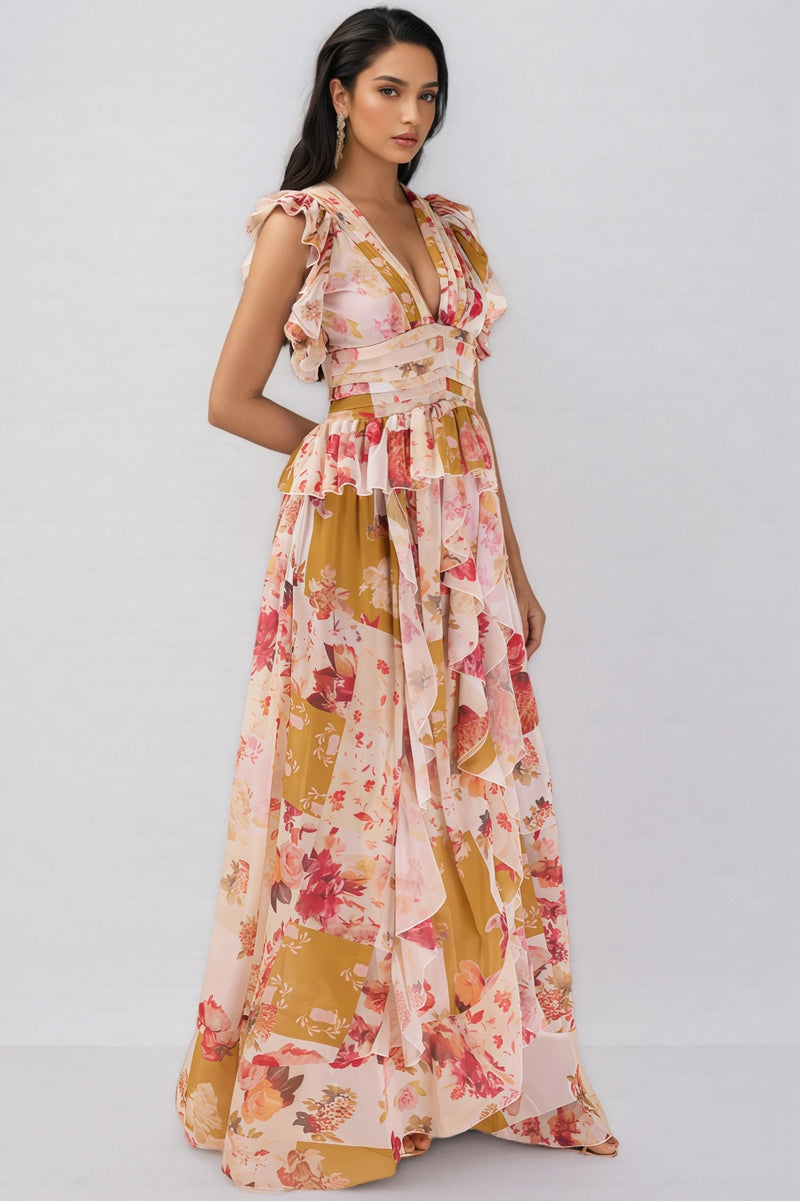 Rosel Ruffle V-neck Split Maxi Dress