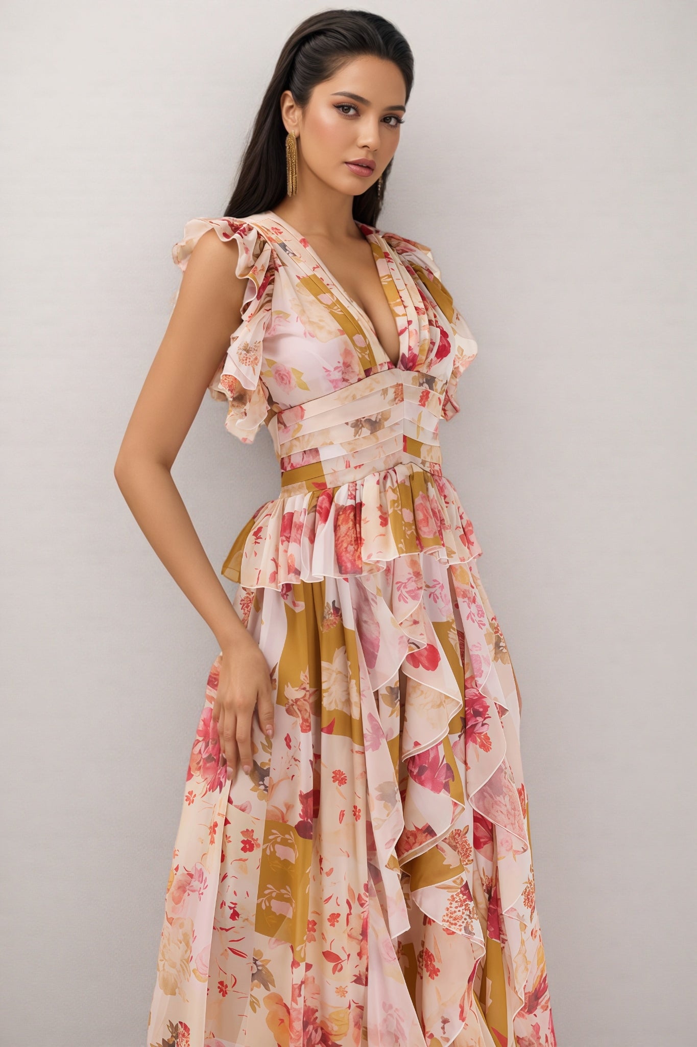 Rosel Ruffle V-neck Split Maxi Dress