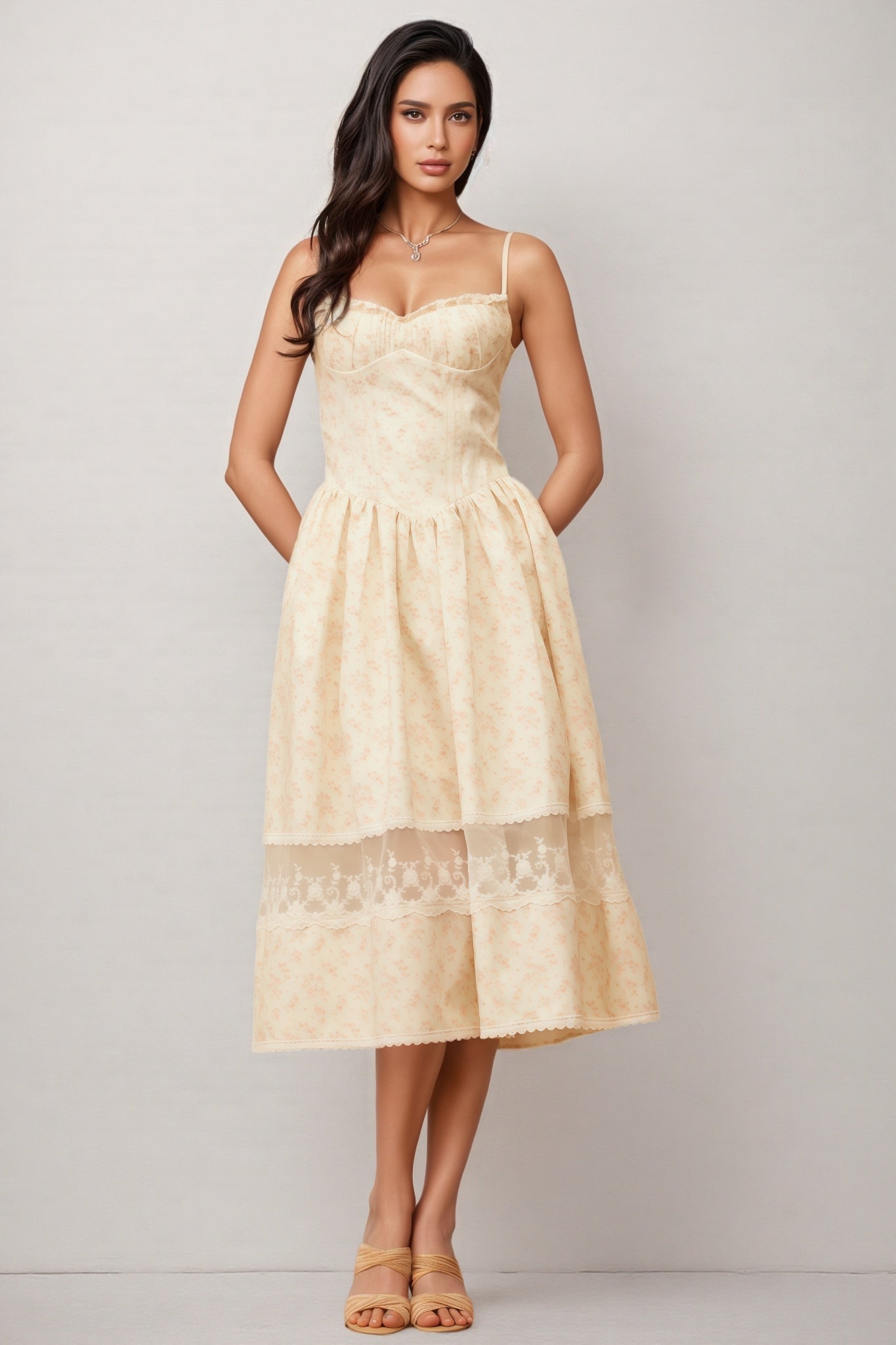 Adrienne Neutral Lace Trim Midi Dress