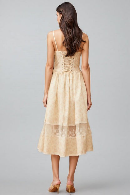 Adrienne Neutral Lace Trim Midi Dress