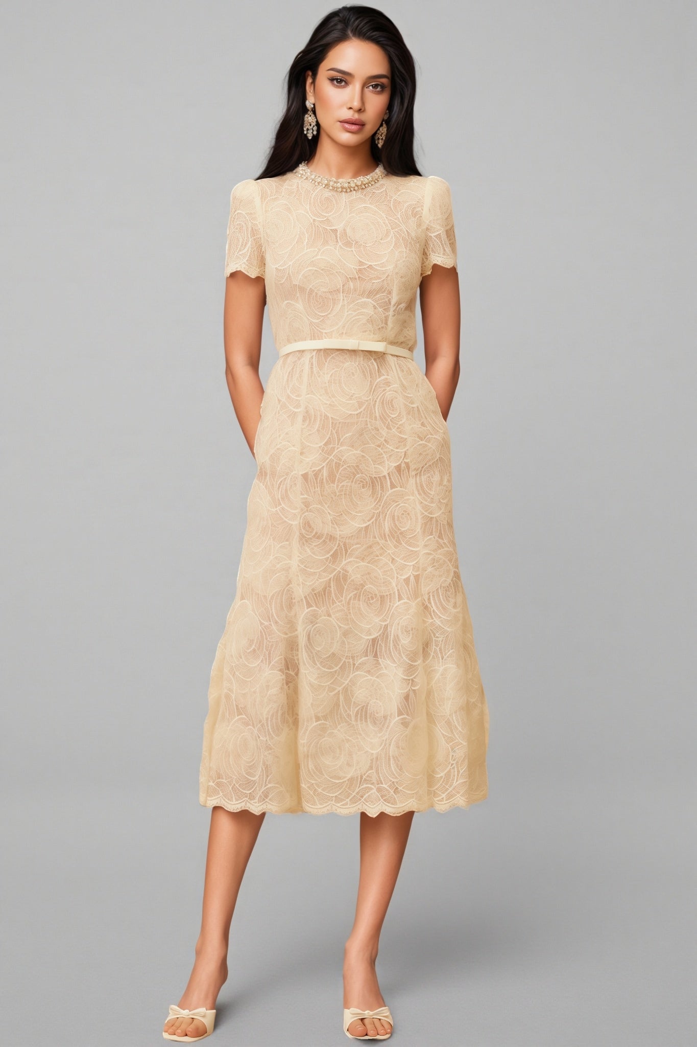 Aurore White Embellished Lace Midi Dress
