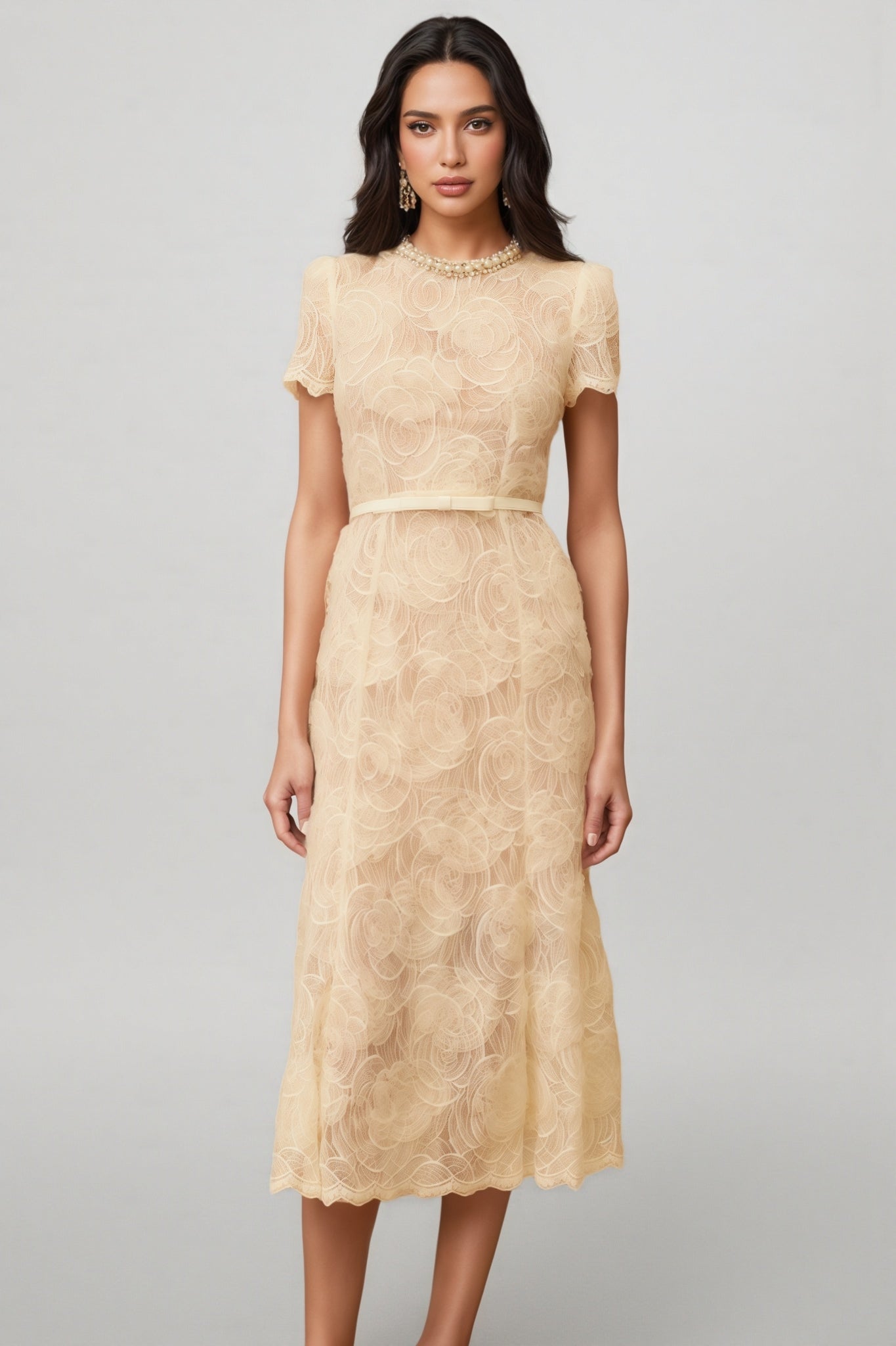Aurore White Embellished Lace Midi Dress