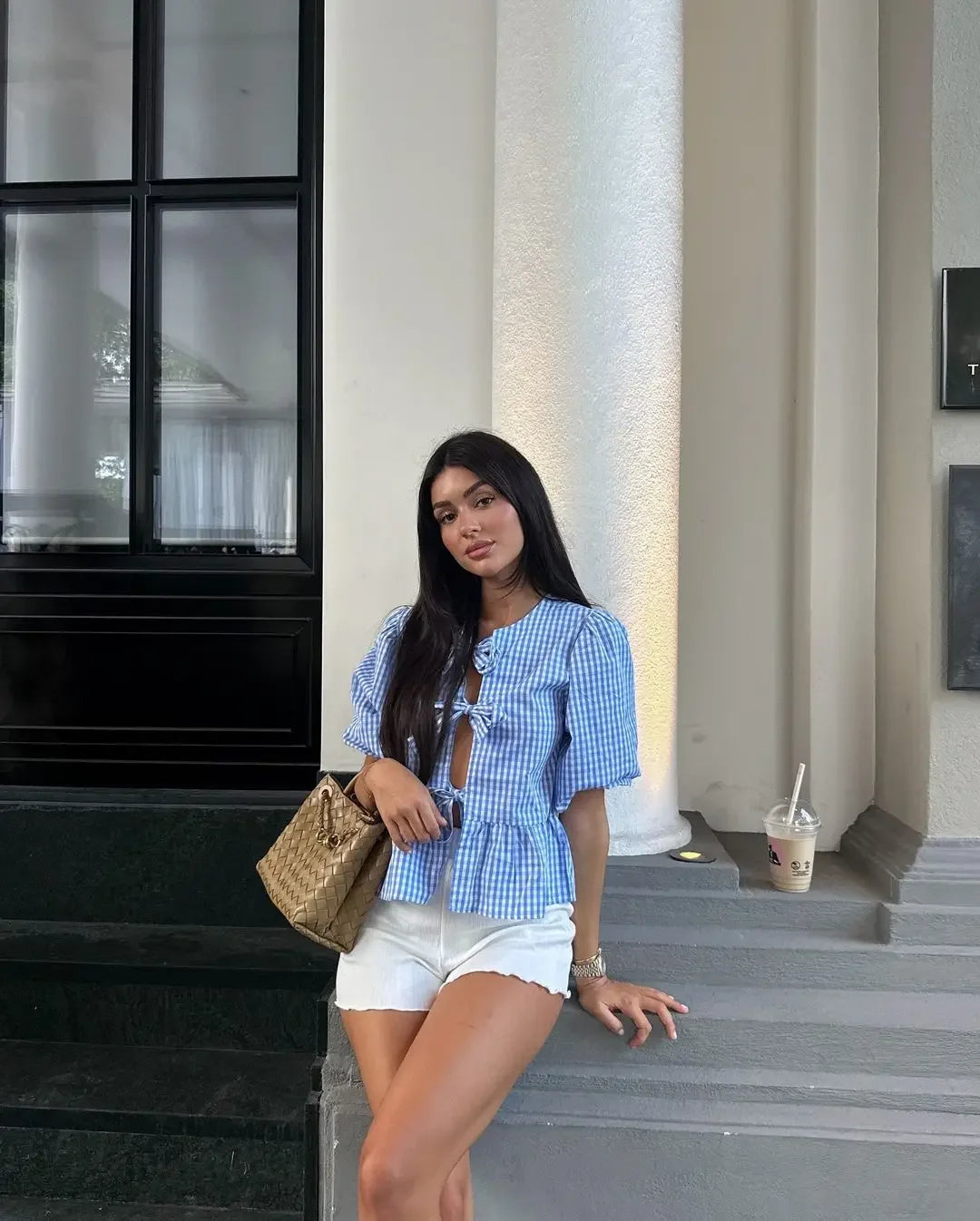 Round Neck Bow Short Sleeve Plaid Blouse