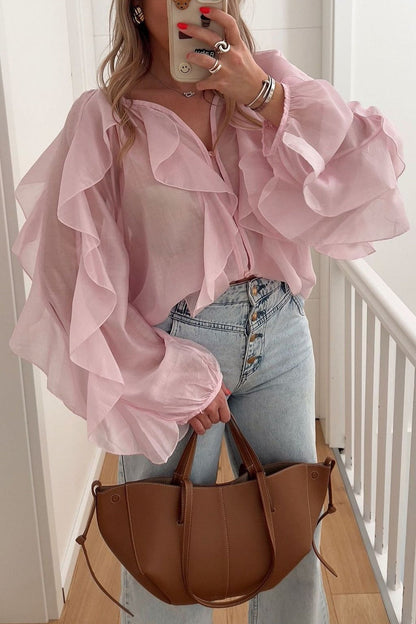 Ruffle V Neck Commuter Blouse