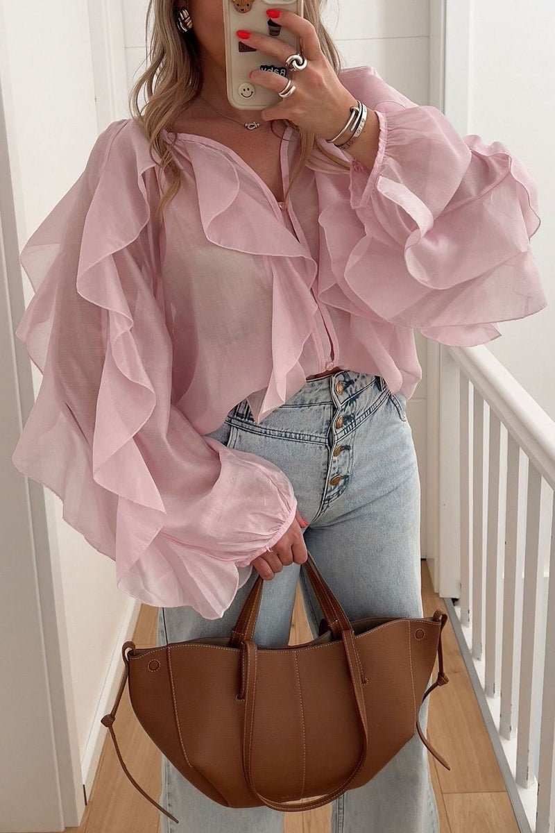 Ruffle V Neck Commuter Blouse