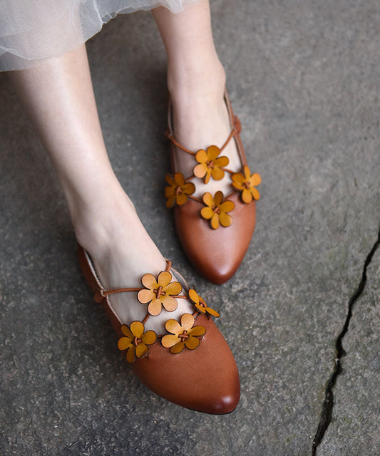 Brown Flat Shoes for Cowhide Leather Splicing Pointed Toe