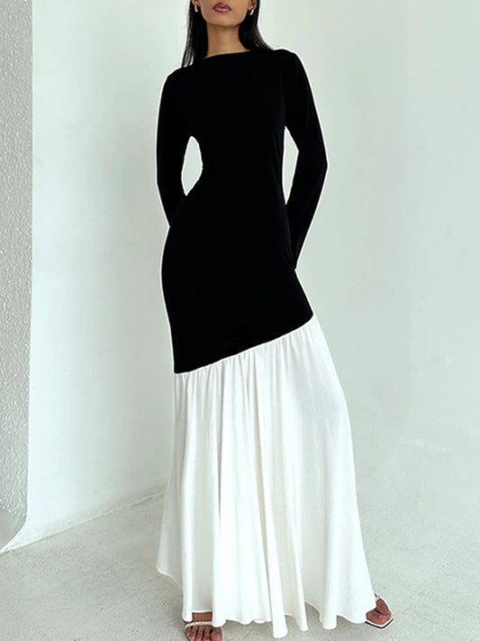 Bodycon High Waisted Contrast Color Pleated Split-joint Round-neck Maxi Dresses