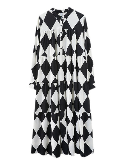 A-line Long Sleeves Buttoned Plaid Polo Midi Dresses