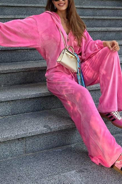 Velvet Zip-up Hooded Top and Elastic Waist Wide Leg Pants Set